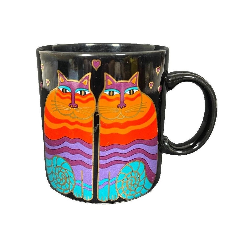 Vintage Laurel Burch Rainbow Cats Mug Japan Black Gold 16 Oz Coffee Cup